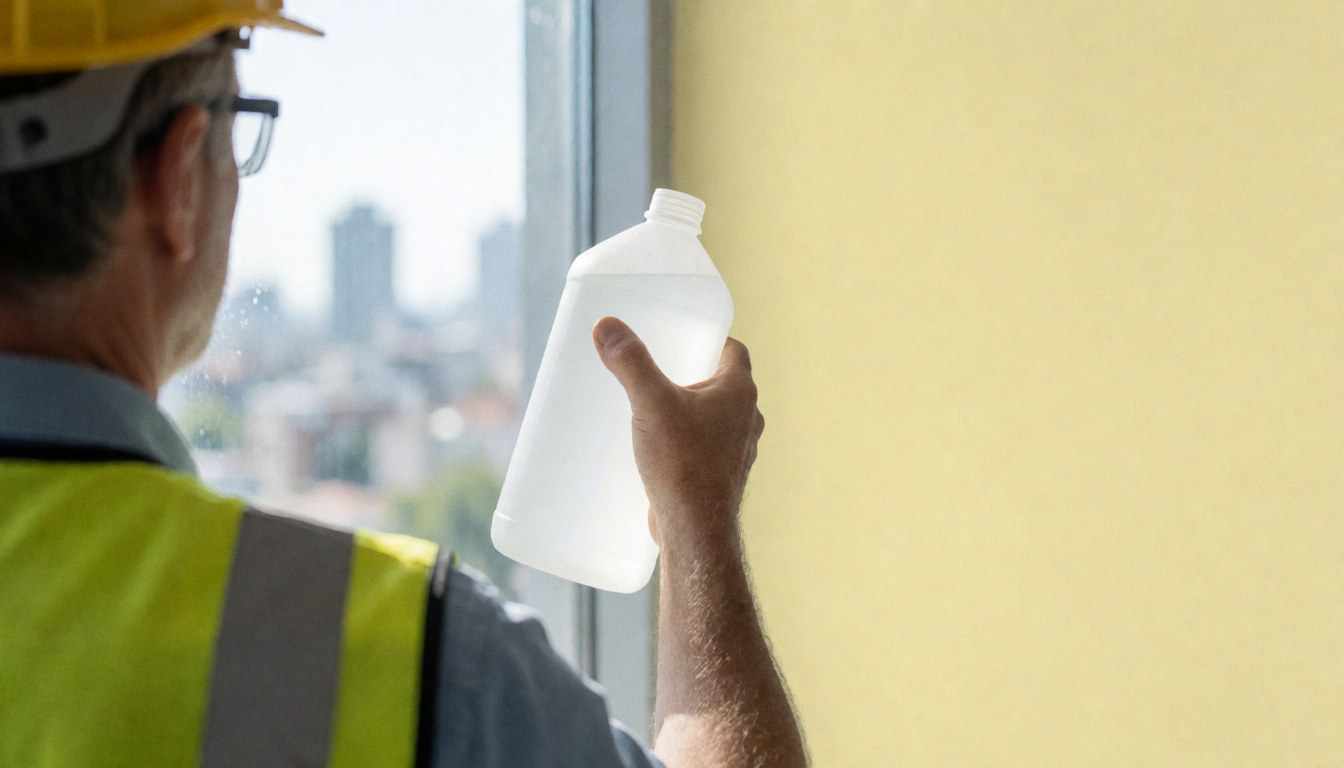 Un ouvrier en casque et gilet jaune nettoie une vitre haute avec un flacon, sur fond de ville floue et mur jaune.