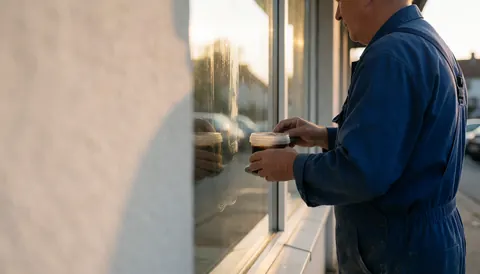 Un ouvrier en combinaison bleue applique de la cire sur la vitrine d'un magasin au coucher du soleil, avec des reflets sur le verre et un espace pour le texte.