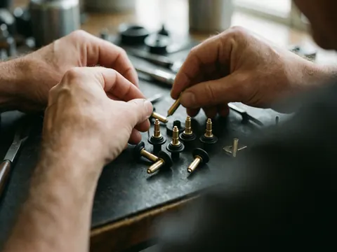 Mains d'un mécanicien assemblant des jets de carburateur sur une table d'atelier avec des outils, éclairage naturel et fond flou.