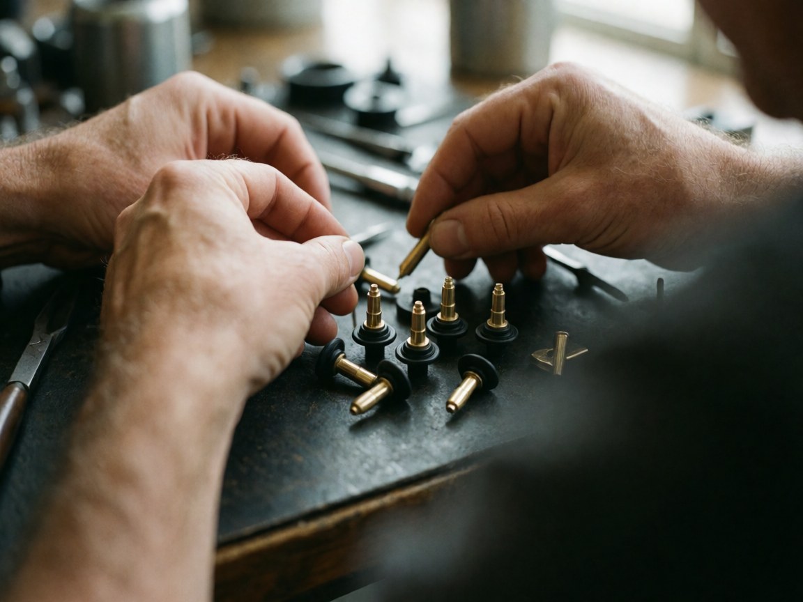 Mains d'un mécanicien assemblant des jets de carburateur sur une table d'atelier avec des outils, éclairage naturel et fond flou.