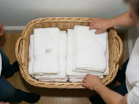 Des mains plient et disposent soigneusement des serviettes blanches dans un panier en osier sur un sol en bois clair, évoquant la propreté d'un apart-hôtel.