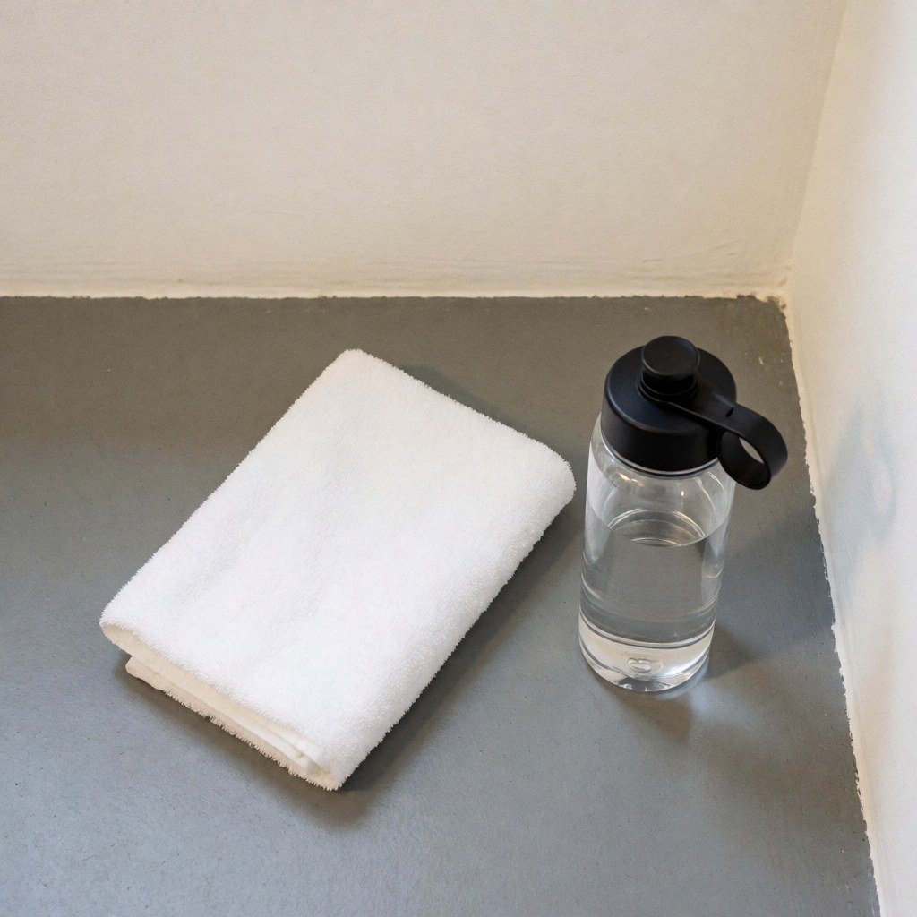 Serviette blanche pliée et bouteille d'eau avec bouchon noir sur sol gris, murs blancs, éclairage doux.
