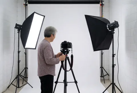 Un photographe professionnel ajuste sa caméra sur trépied dans un studio avec éclairage et fond blanc pour une séance.
