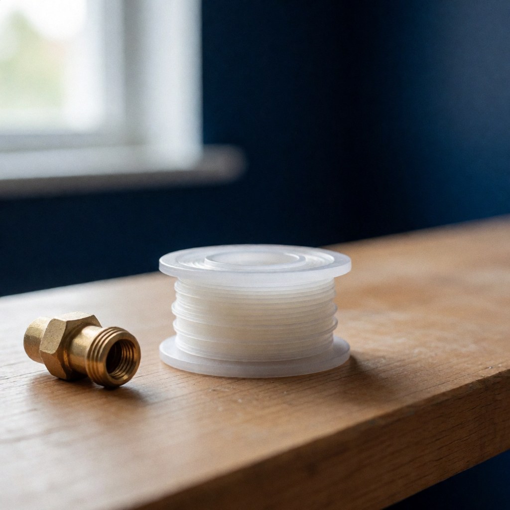 Bobine de ruban téflon blanc posée à côté d'un accessoire en bronze sur une table en bois, éclairée par la lumière naturelle d'une fenêtre avec un fond flou et un mur bleu foncé.