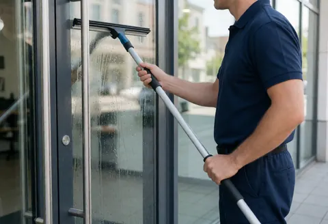 Un employé en uniforme bleu utilise une raclette pour nettoyer une grande baie vitrée d'entreprise sous la lumière du matin.