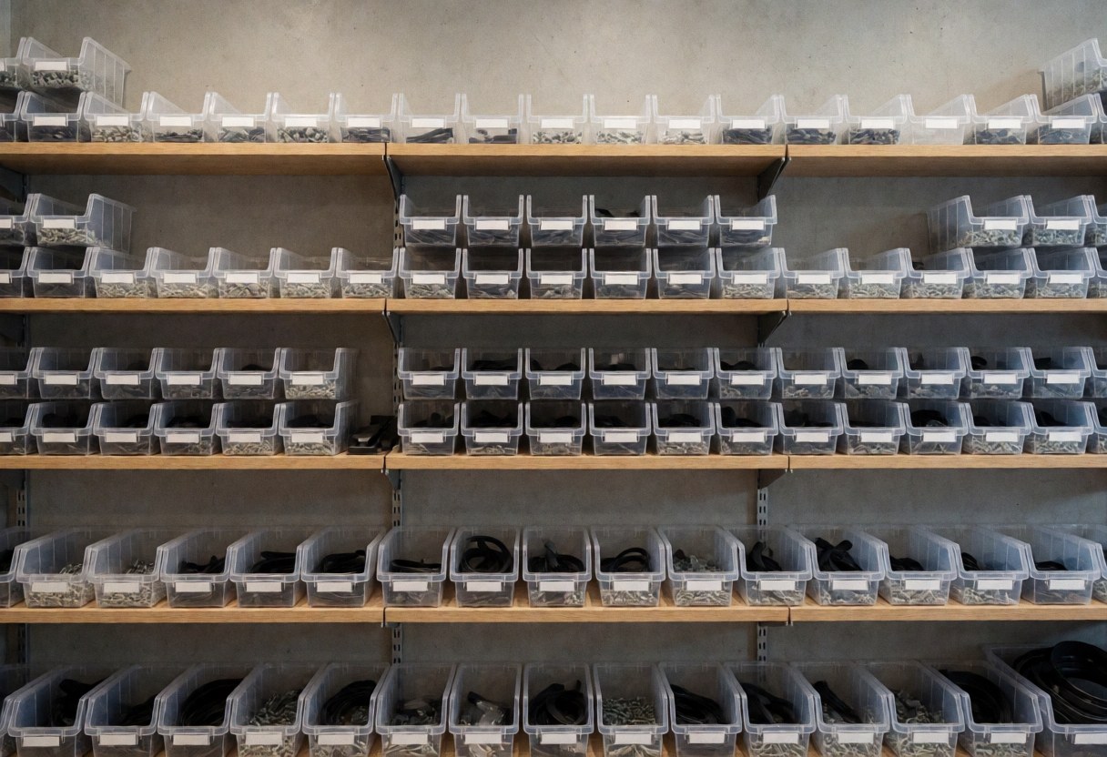 Étagères en bois remplies de boîtes transparentes contenant des composants électroniques, dans un entrepôt de réparation de téléphones avec murs en béton et éclairage professionnel.