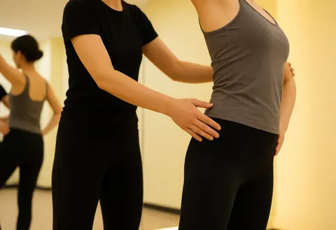 Un instructeur guide un étudiant en plaçant ses mains sur les hanches pour corriger la posture, reflété dans un miroir avec des murs jaunes et une lumière chaleureuse.