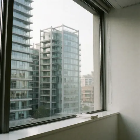 Fenêtre de bureau propre et brillante reflétant des gratte-ciels modernes, serviette blanche pliée sur le rebord, murs blancs et lumière naturelle diurne.