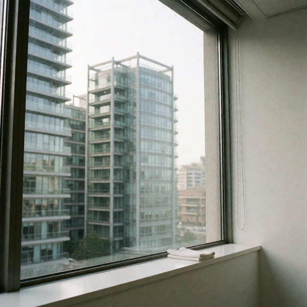 Fenêtre de bureau propre et brillante reflétant des gratte-ciels modernes, serviette blanche pliée sur le rebord, murs blancs et lumière naturelle diurne.