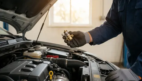 Un mécanicien portant des gants tient un thermostat neuf prêt à être installé près d'un moteur démonté dans un atelier bien éclairé.