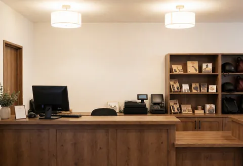 Réception d'un centre équestre avec un comptoir en bois, un ordinateur, une caisse enregistreuse et une étagère avec des accessoires d'équitation. Éclairage chaleureux et murs blancs.