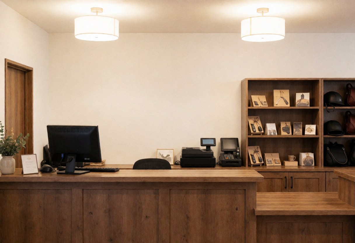 Réception d'un centre équestre avec un comptoir en bois, un ordinateur, une caisse enregistreuse et une étagère avec des accessoires d'équitation. Éclairage chaleureux et murs blancs.