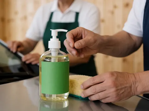 Des mains d'adulte utilisent une éponge et une bouteille verte pour appliquer du savon biodégradable sur la carrosserie d'un véhicule, posé sur un fond en bois naturel.