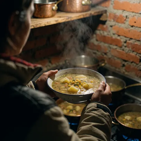 Une personne en veste tient un bol de soupe chaude aux pommes de terre et au maïs dans une cuisine rustique avec des murs en briques et des casseroles en cuivre.