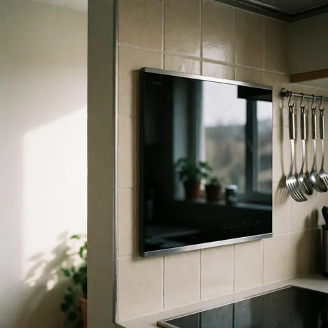 Cuisinière à induction moderne installée sur un mur carrelé beige avec des ustensiles en acier inoxydable suspendus et une lumière naturelle provenant d'une fenêtre.