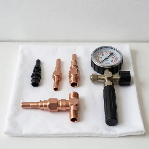 Kit de réparation de réfrigérateurs comprenant des vannes en cuivre, des accessoires et un manomètre disposés sur un tissu blanc, idéal pour les catalogues de services techniques.
