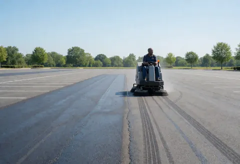 Un ouvrier en uniforme conduit une machine de nettoyage sur un grand parking en asphalte, laissant des traces propres sous un ciel bleu clair.