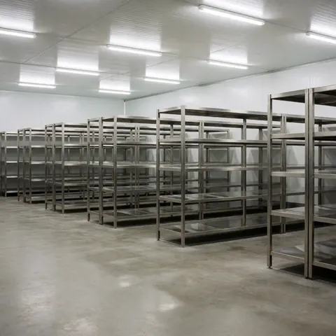 Entrepôt industriel vide avec des étagères en acier inoxydable, un sol en béton poli et un éclairage LED vif, idéal pour le stockage d'aliments.
