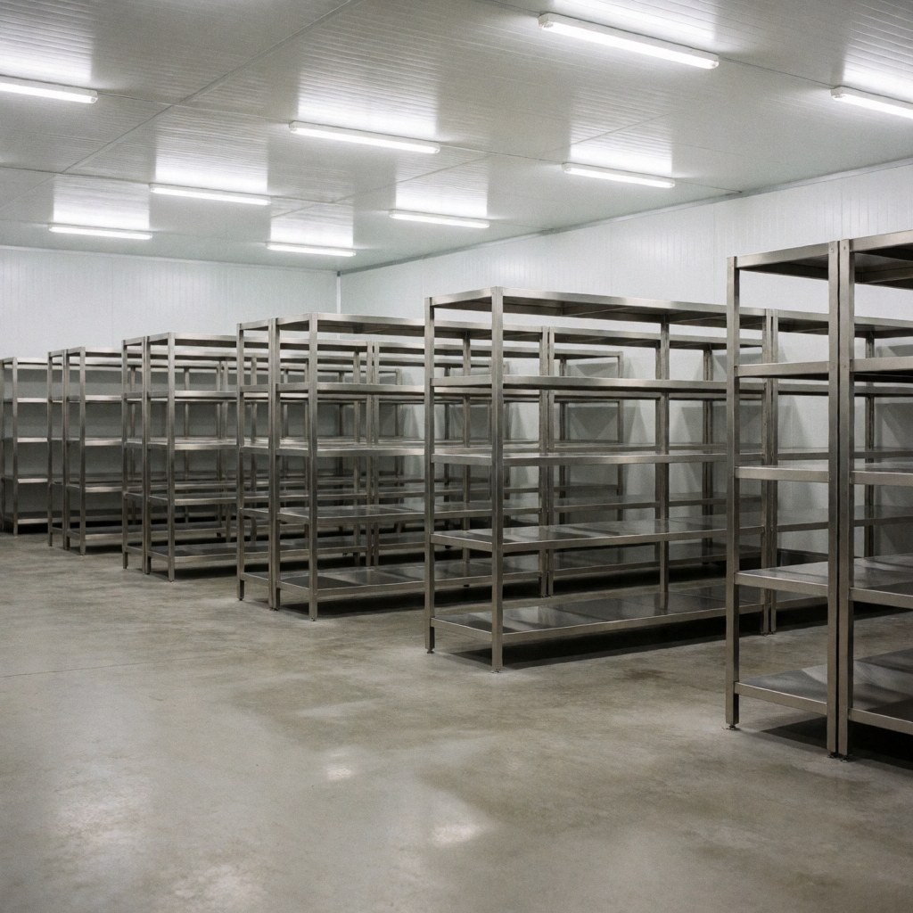 Entrepôt industriel vide avec des étagères en acier inoxydable, un sol en béton poli et un éclairage LED vif, idéal pour le stockage d'aliments.