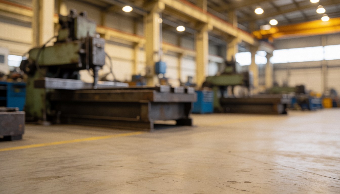 Fond flou d'un atelier industriel avec du matériel métallique, des piliers et un sol en béton, éclairage chaud, idéal pour les textes de services industriels.