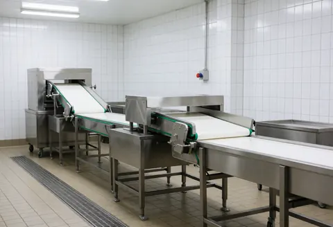 Vue d'une usine de transformation alimentaire avec des bandes transporteuses en acier inoxydable, des murs carrelés blancs et un sol drainé, dans un environnement propre et bien éclairé.