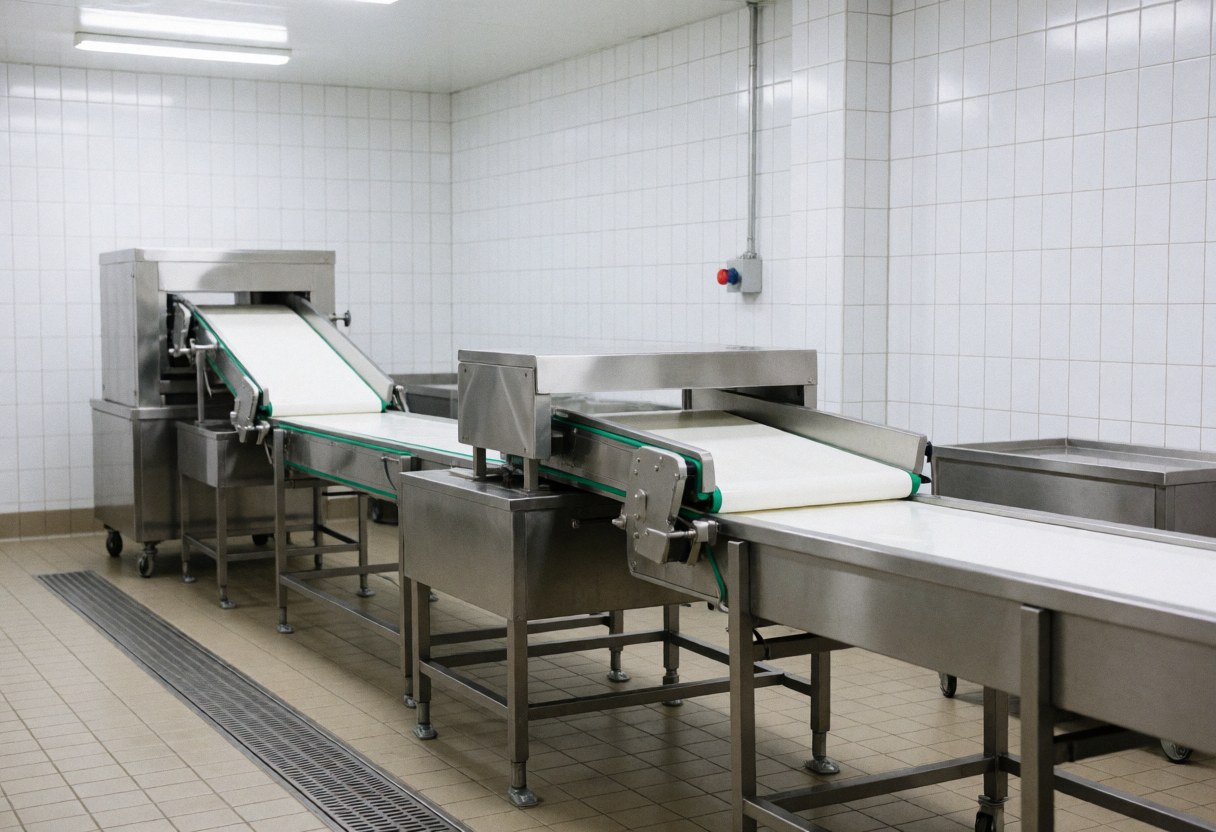 Vue d'une usine de transformation alimentaire avec des bandes transporteuses en acier inoxydable, des murs carrelés blancs et un sol drainé, dans un environnement propre et bien éclairé.