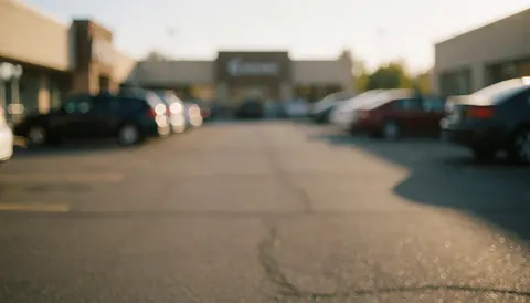 Fond de parking avec des voitures floues sous la lumière dorée du coucher de soleil, idéal pour des textes commerciaux.