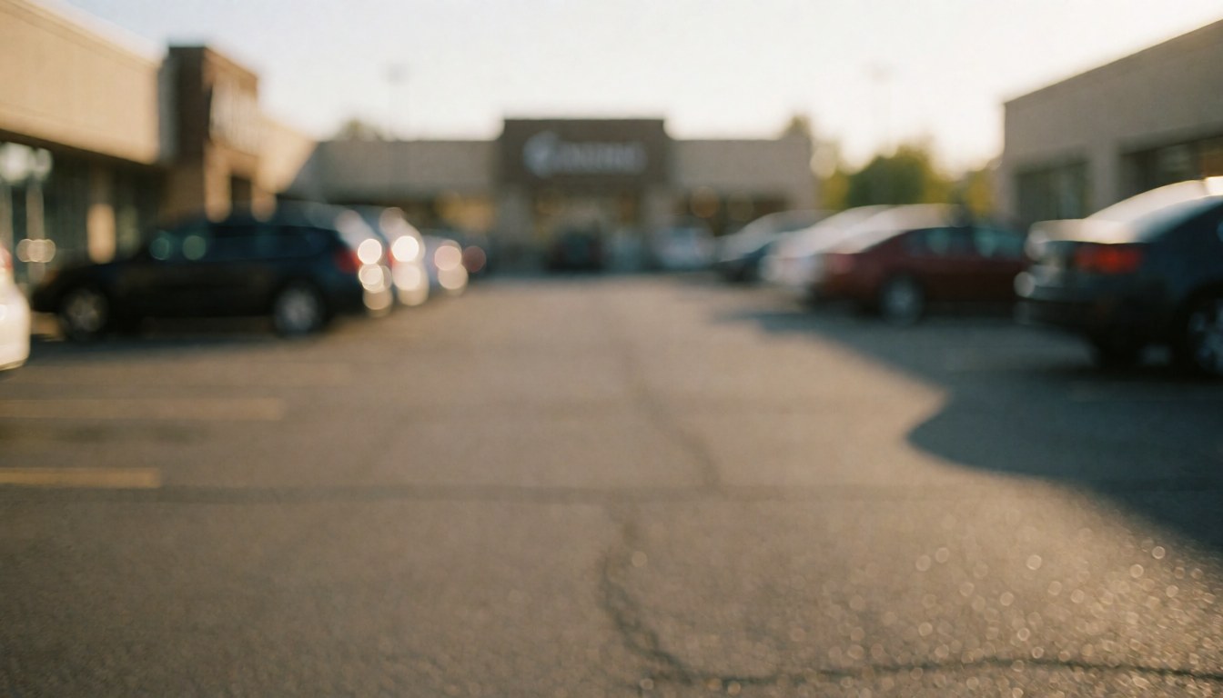 Fond de parking avec des voitures floues sous la lumière dorée du coucher de soleil, idéal pour des textes commerciaux.