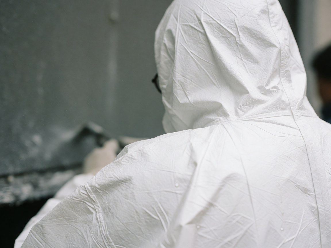 Gros plan sur la fermeture d'épaule d'une combinaison Tyvek blanche avec des gouttes d'eau, montrant la texture et les coutures sur fond industriel flou.