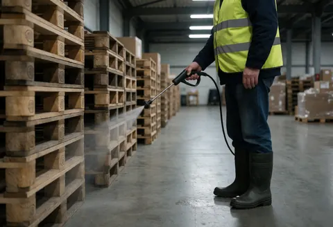 Un employé nettoie à l'eau sous pression des palettes en bois dans un entrepôt, équipé d'un gilet de sécurité et de bottes.