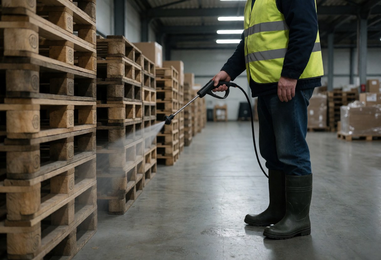 Un employé nettoie à l'eau sous pression des palettes en bois dans un entrepôt, équipé d'un gilet de sécurité et de bottes.