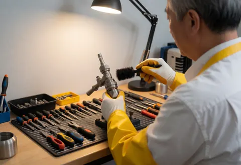 Un technicien en atelier utilise une brosse pour nettoyer la buse d'une pompe, des outils sur un établi sous l'éclairage de travail, sur un mur gris clair dans un espace ordonné.