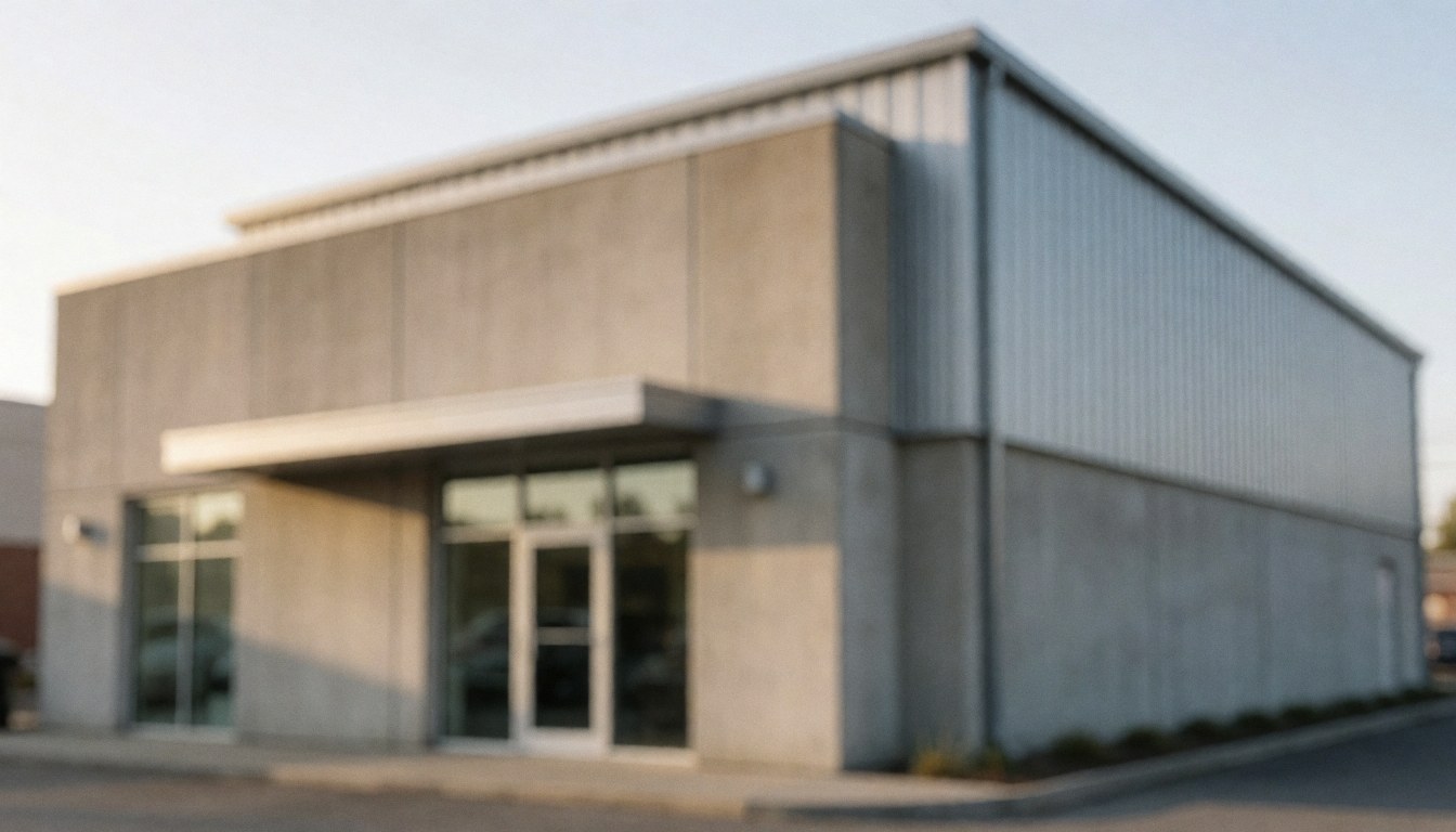 Façade d'un bâtiment industriel en béton et métal, éclairage doux du coucher de soleil, idéal pour superposer du texte commercial.
