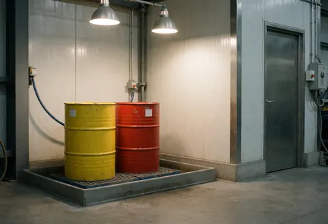Deux grands fûts, l'un jaune et l'autre rouge, posés sur une base de rétention dans une salle industrielle aux murs métalliques et à l'éclairage suspendu.