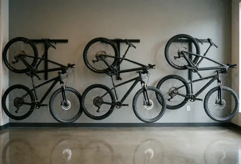 Trois vélos de montagne noirs accrochés à un mur gris sur fond de sol en béton poli reflétant les roues sous une lumière naturelle latérale.