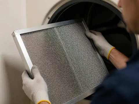 Un technicien portant des gants tient un filtre métallique de sèche-linge, montrant la maille et le cadre à l'intérieur du tambour sombre.