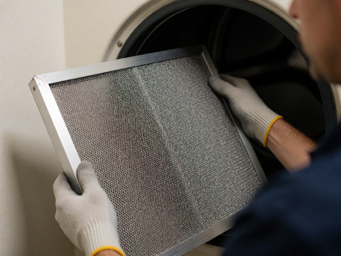 Un technicien portant des gants tient un filtre métallique de sèche-linge, montrant la maille et le cadre à l'intérieur du tambour sombre.