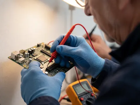 Technicien en gants antistatiques bleus mesurant la tension sur une carte mère avec un multimètre, éclairage focalisé, fond flou et mur blanc chaud.