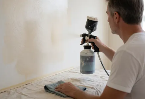 Un peintre professionnel applique une peinture décorative sur un mur à l'aide d'un pistolet. Des outils et une bouteille sont posés sur le sol recouvert d'une bâche.