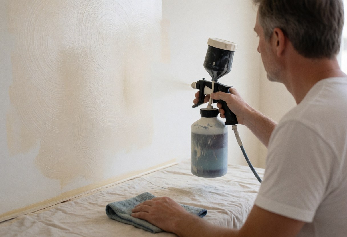 Un peintre professionnel applique une peinture décorative sur un mur à l'aide d'un pistolet. Des outils et une bouteille sont posés sur le sol recouvert d'une bâche.