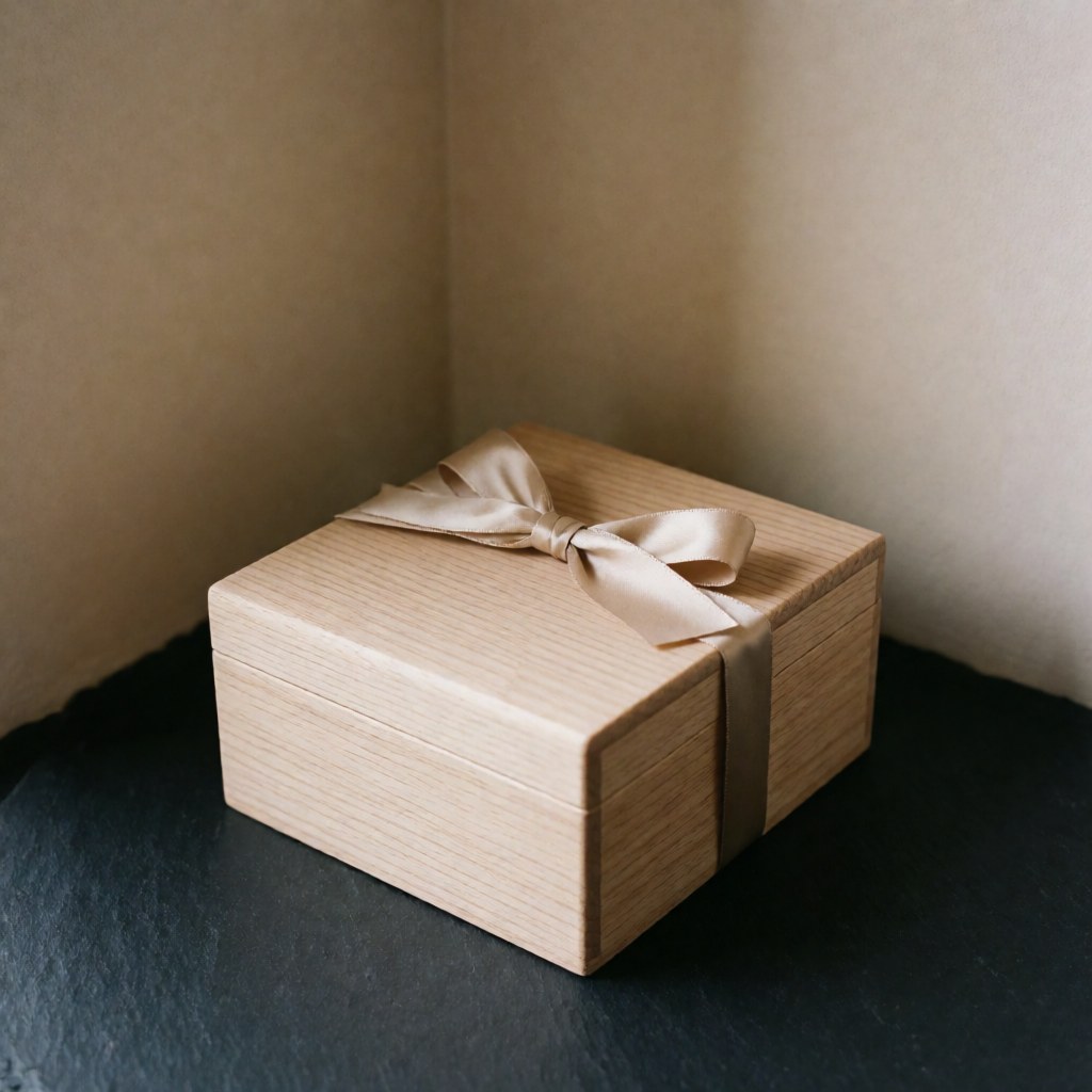 Boîte en bois ornée d'un ruban beige posée sur une surface sombre dans le coin d'un mur beige, éclairage doux et naturel.