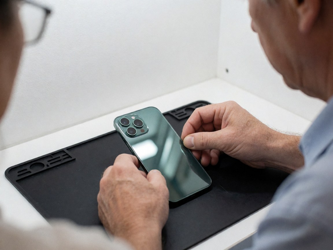 Mains du technicien au premier plan vérifiant un smartphone sur une table de travail équipée d'une housse antistatique.