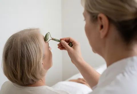 Une esthéticienne utilise un rouleau de jade sur le front d'une cliente âgée dans un spa lumineux aux murs blancs, créant une ambiance relaxante centrée sur les soins du visage.