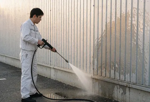 Un technicien en uniforme blanc et lunettes de sécurité utilise une lance haute pression sur une façade métallique ondulée d'un bâtiment industriel, avec des flaques d'eau au sol.