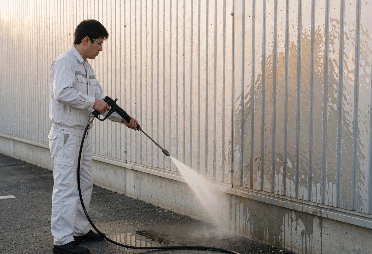 Un technicien en uniforme blanc et lunettes de sécurité utilise une lance haute pression sur une façade métallique ondulée d'un bâtiment industriel, avec des flaques d'eau au sol.
