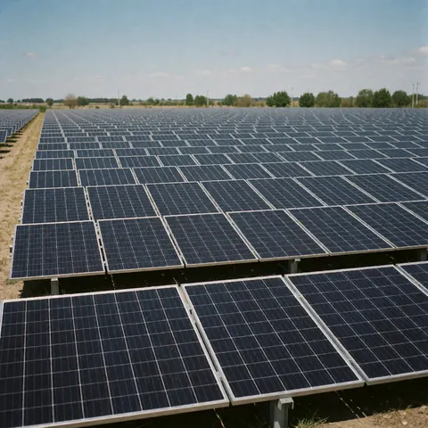 Champ solaire industriel avec des rangées de panneaux solaires bleus sous un ciel clair, idéal pour les entreprises d'énergie renouvelable, paysage ordonné et propre.