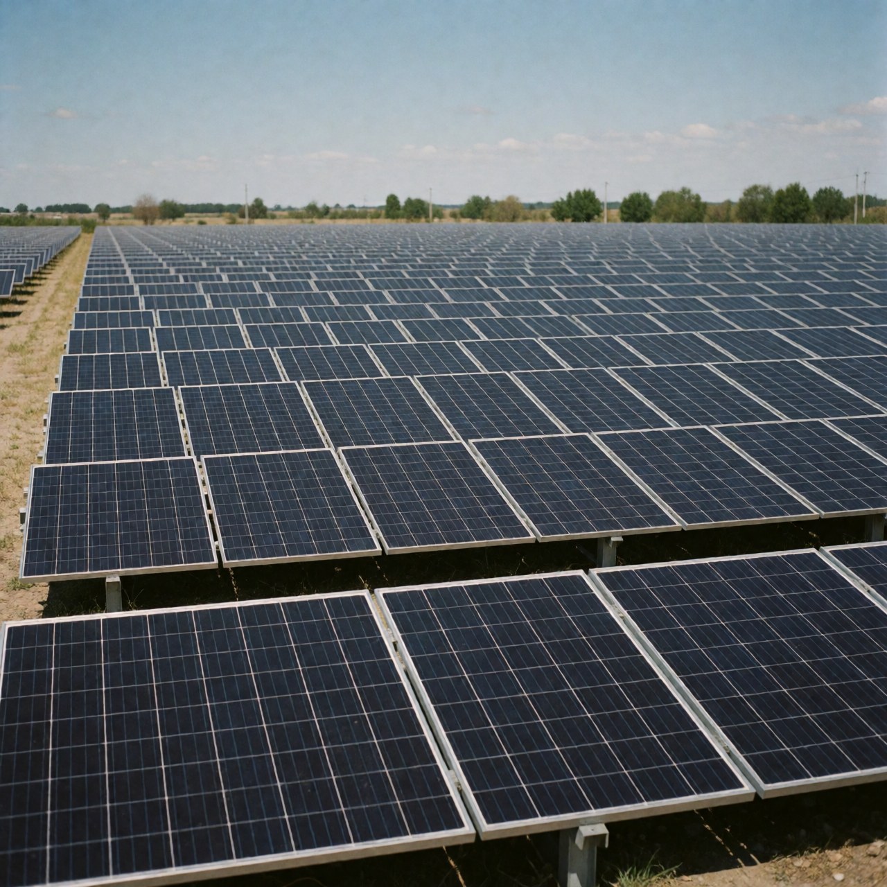 Champ solaire industriel avec des rangées de panneaux solaires bleus sous un ciel clair, idéal pour les entreprises d'énergie renouvelable, paysage ordonné et propre.