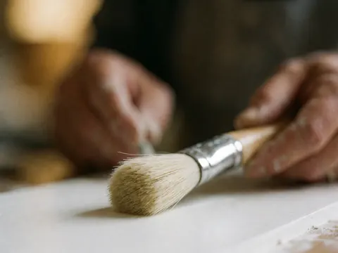 Gros plan d'un pinceau à poils blancs et manche en bois sur fond blanc avec des mains floues au travail.
