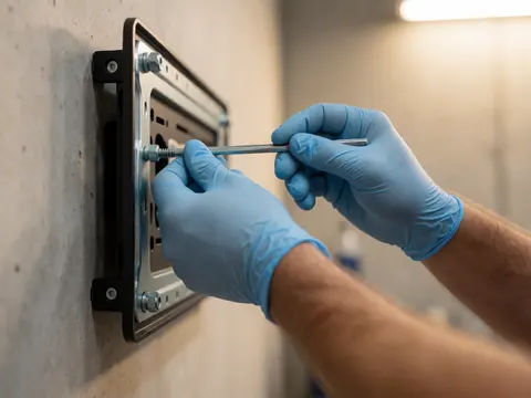Des mains portant des gants bleus serrent une vis sur un montage métallique fixé à un mur en béton, avec un éclairage chaud mettant en valeur le détail du travail de réparation.