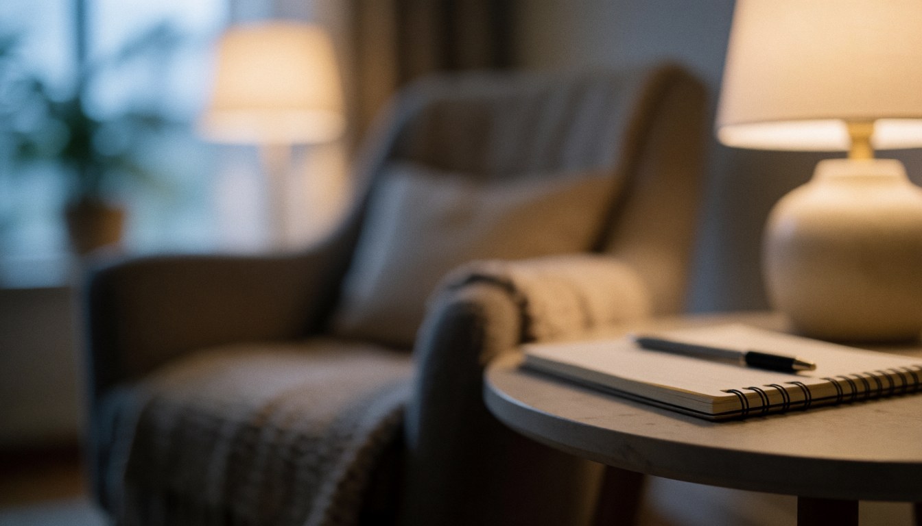 Bureau en bois avec une lampe éclairant un cahier ouvert, créant une ambiance calme et chaleureuse propice à la concentration et à l'apprentissage.